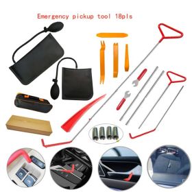 18pcs Car Tools Kit with 4 long reach grabbers; 2 air bag pumps; 4 trim removal tools; 4 fastener nuts; 2 wrenches; 1 injury free wedge; 1 tool c